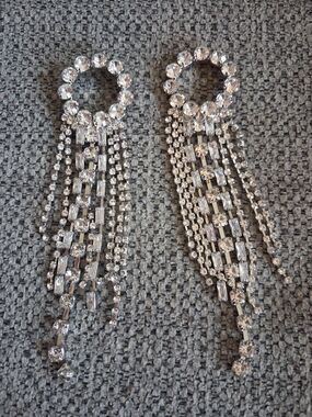 Vintage Rhinestone Fringe Drop Earrings - Silver Tone